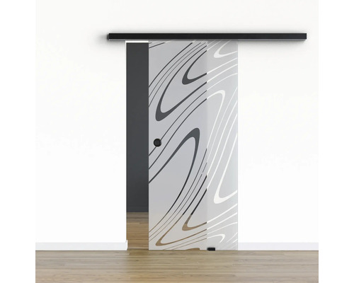 Pertura Glasschiebetür Komplettset Glera Water 02 900x2050 mm Rechts inkl. Beschlag Selir Aluminium schwarz,Griffmuschel Schiebetür aus Glas mit Muster und Schiebetürsystem an der Wand