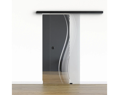 Pertura Glasschiebetür Komplettset Glera Reflect 01 900x2175 mm Rechts inkl. Beschlag Selir Aluminium schwarz,Griffmuschel Glasschiebetür mit Streifenmuster vor einer Wand
