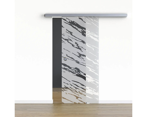 Pertura Glasschiebetür Komplettset Glera Vision 02 775x2050 mm Rechts inkl.Beschlag Selir Aluminium Edelstahloptik,Griffmuschel Schiebetür aus Glas mit Muster und Schiebetürbeschlag