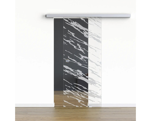 Pertura Glasschiebetür Komplettset Glera Vision 01 1025x2175 mm Rechts inkl. Beschlag Selir Aluminium natur,Griffmuschel Glasschiebetür mit Muster vor einer Wand