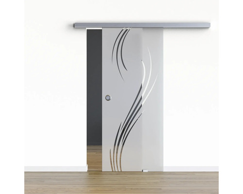 Pertura Glasschiebetür Komplettset Glera Essence 02 775x2175 mm Rechts inkl.Beschlag Selir Aluminium Edelstahloptik,Griffmuschel Schiebetür aus Glas mit horizontaler Laufschiene und dekorativen Elementen