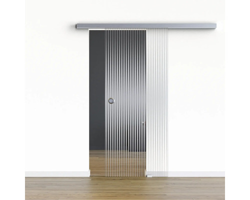 Pertura Glasschiebetür Komplettset Glera Ripple 01 775x2050 mm Rechts inkl.Beschlag Selir Aluminium Edelstahloptik,Griffmuschel Schiebetür aus Glas mit Streifenmuster und Griff