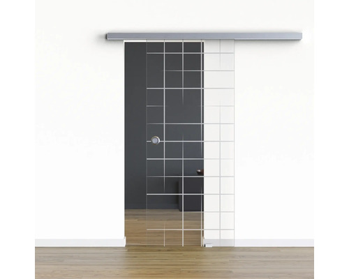 Pertura Glasschiebetür Komplettset Glera Mesh 01 775x2175 mm Rechts inkl.Beschlag Selir Aluminium Edelstahloptik,Griffmuschel Schiebetür aus Glas mit quadratischem Design