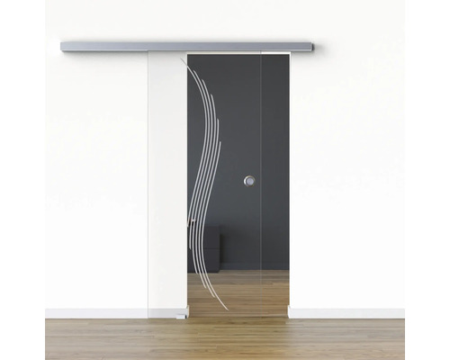Pertura Glasschiebetür Komplettset Glera Sweep 01 775x2175 mm Links inkl.Beschlag Selir Aluminium Edelstahloptik,Griffmuschel Glastür mit Schiebetürsystem und dekorativen Linien