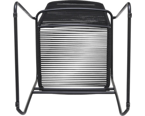 Schwarzer Sessel mit Metallrahmen und Seilbespannung