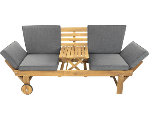 Gartenbank GARDEN PLACE Ida 3-Sitzer mit Gestell aus robustem, geöltem Akazienholz, belastbar bis 320 kg, Seitentisch, inkl. Auflage Doppelliege aus Holz mit grauen Auflagen und kleinem Tisch