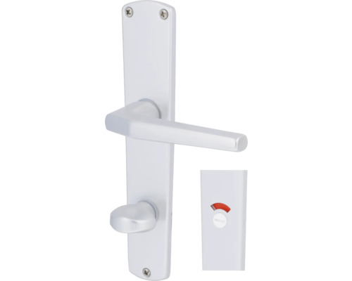 Beschlagset WC+ Bad Riegel Langschild Alpertec Phil Aluminium F1 alu eloxiert Türgriff mit Drehknopf und roter Markierung