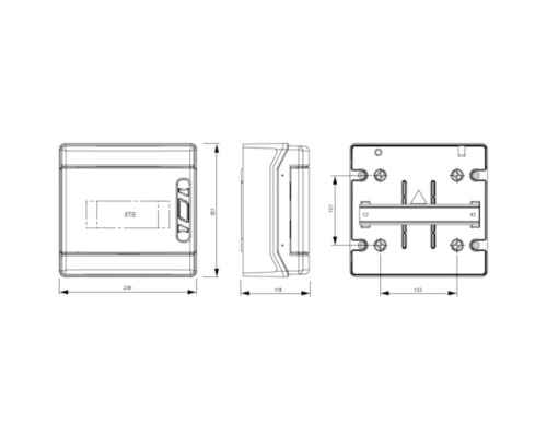 Technische Zeichnung eines Verteilerkastens mit Maßangaben.