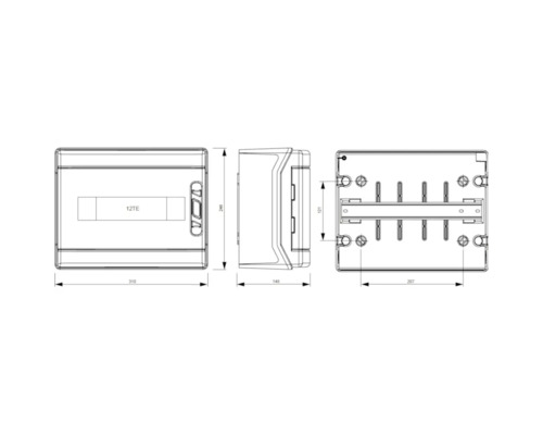 Technische Zeichnung eines Verteilerkastens mit Maßangaben.