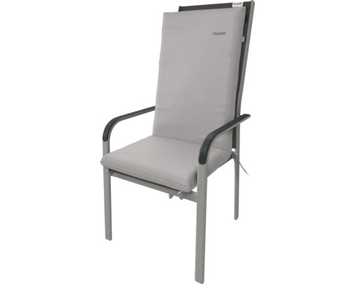 Gartenstuhl mit grauer Polsterung und Armlehnen