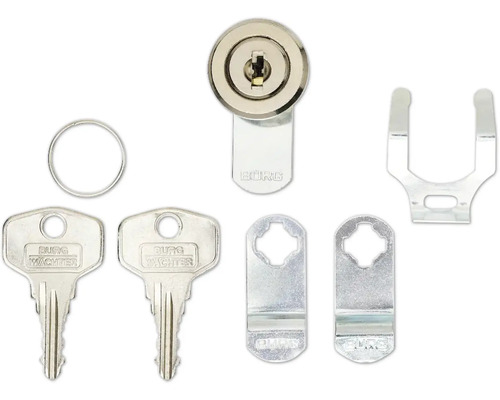 Möbelschloss-Set mit zwei Schlüsseln, Schließblechen, Befestigungsmaterial und Sicherungsring