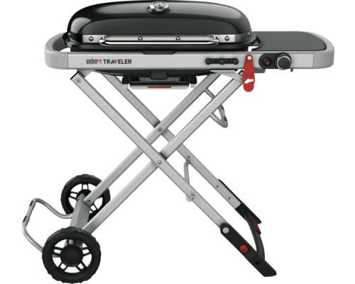 Weber Gasgrill Traveler H 100 cm schwarz, 1 Edelstahlbrenner ,Grillroste aus porzellanemaillierten Gusseisen, robustes Fahrgestell, automatische Deckelverrieglung