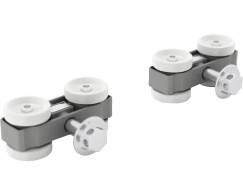 Zwei Schiebetürrollen aus Metall mit Kunststoffrädern