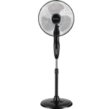 Schwarzer Standventilator mit drei Flügeln und Schutzgitter