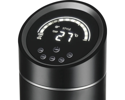 Nahaufnahme des Bedienfelds eines Turmventilators mit Temperaturanzeige und Funktionstasten