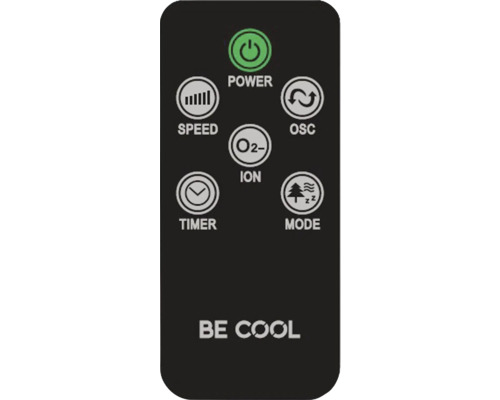 Fernbedienung mit Tasten für Leistung, Geschwindigkeit, Oszillation, Ion, Timer und Modus