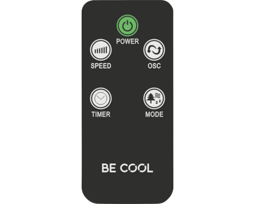 Fernbedienung mit Tasten für Leistung, Geschwindigkeit, Oszillation, Timer und Modus