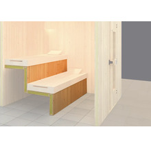 Innenansicht einer Sauna mit Liegen aus Holz und einer Holztür