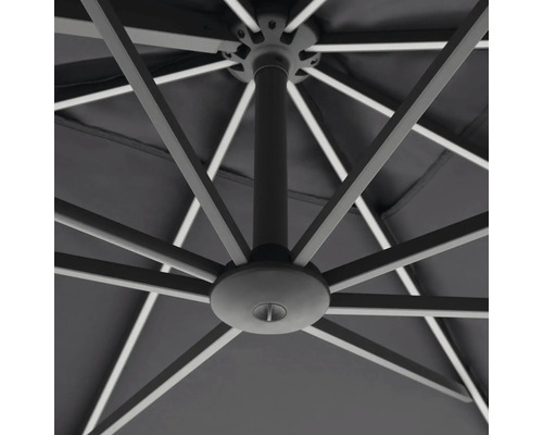 Unteransicht eines Sonnenschirms mit Streben und Mittelmast
