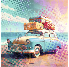 Illustration eines Autos mit Gepäck auf dem Dach an einem Strand