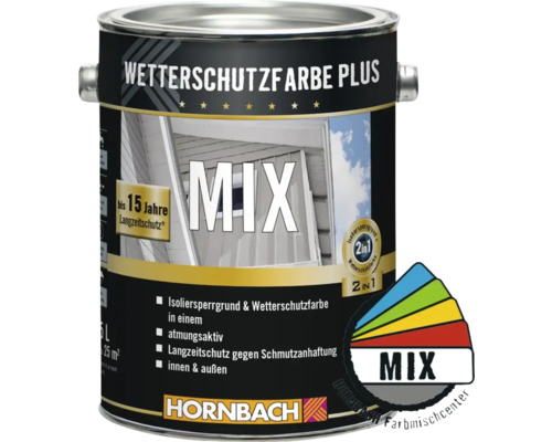 Wetterschutzfarbe in einer Dose mit der Aufschrift MIX und dem Hornbach Logo