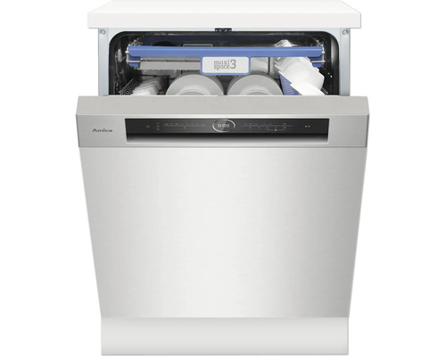 Einbau-Geschirrspüler Amica EGSPU 514 931 E 87x60x58 cm edelstahl für 14 Maßgedecke Geöffneter Geschirrspüler der Marke Amica mit Geschirr im Innenraum