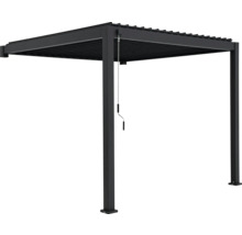 Freistehende schwarze Pergola mit Lamellendach und Kurbelbedienung.