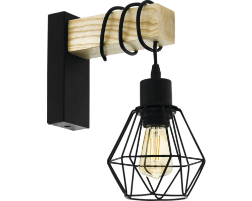 Wandleuchte Eglo TOWNSHEND 5 E27 60 W 1-flammig IP 20 schwarz/braun Schwarze Wandleuchte mit geometrischem Lampenschirm und Holzelement
