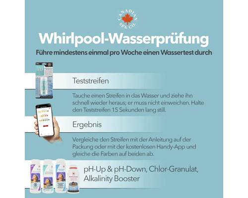 Anleitung zur Whirlpoolwasserprüfung mit Teststreifen, pH-Regulatoren und Alkalinitätsverstärker