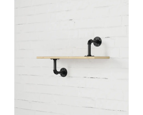 Wandregal aus Holz mit schwarzen Metallrohrträgern