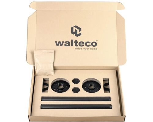 Offener Karton mit Regalhalterungsteilen von walteco