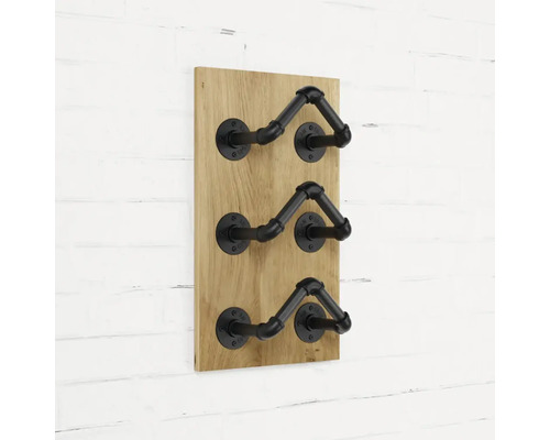 Weinregal aus Holz mit schwarzem Metall