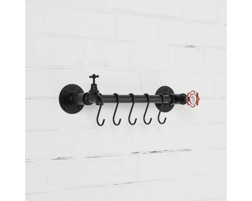 Schwarze Garderobe im Rohrdesign mit fünf Haken und einem Ventil