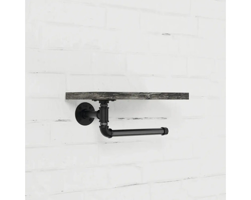 Toilettenpapierhalter mit Ablage aus Holz und Metall