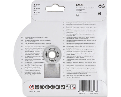 Bosch Verpackungsrückseite mit Informationen zu Materialien und Anwendungsbereichen