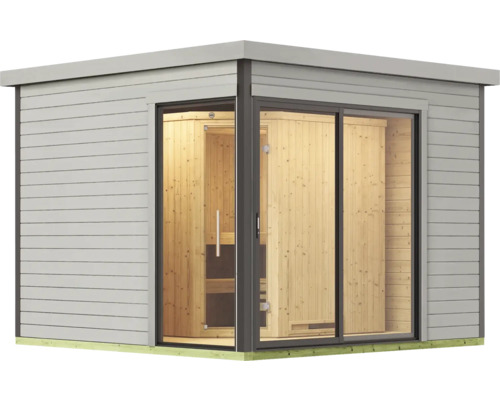 Außensauna mit Schiebetür aus Glas