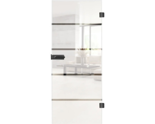 Glastür mit horizontalen Zierstreifen und Beschlägen