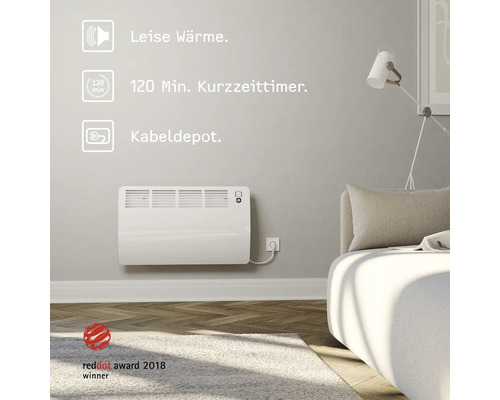 Wandkonvektor mit Kurzzeittimer und Kabeldepot im Wohnzimmer