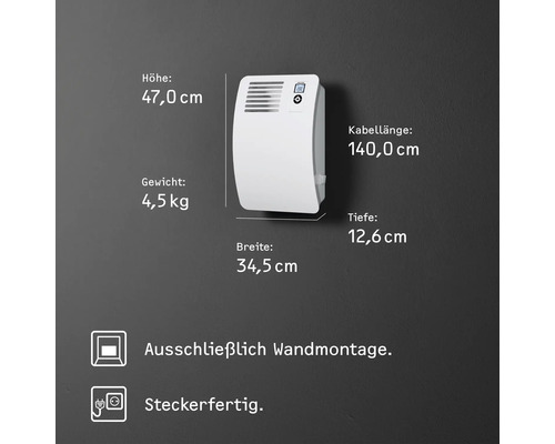 Abmessungen und Eigenschaften des Heizgeräts zur Wandmontage.