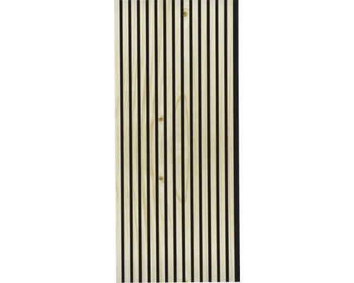 Holzpaneel mit schwarzen Akustikfilzstreifen zur Wandgestaltung