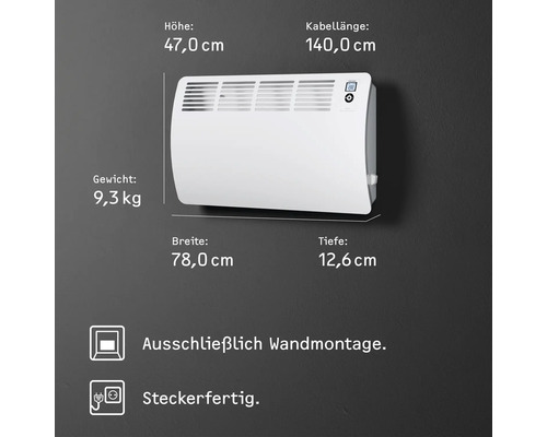 Wandkonvektor mit den Maßen Höhe 47,0 cm, Kabellänge 140,0 cm, Gewicht 9,3 kg, Breite 78,0 cm und Tiefe 12,6 cm. Ausschließlich Wandmontage und steckerfertig.