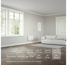 Wohnzimmer mit Heizkörper an der Wand und Größenangaben der Heizkörpermodelle