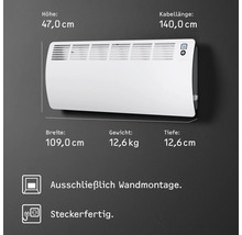 Wandkonvektor mit den Maßen 47,0 cm Höhe, 109,0 cm Breite und 12,6 cm Tiefe, Gewicht 12,6 kg, Kabellänge 140,0 cm, ausschließlich für die Wandmontage, steckerfertig