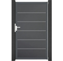 Graues Gartentor aus Aluminium mit Griff und horizontalen Zierlinien.