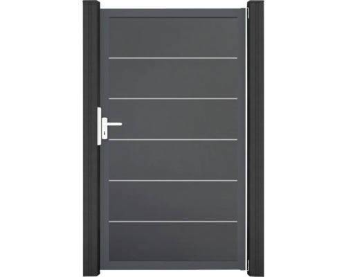 Graues Gartentor aus Aluminium mit Griff und horizontalen Zierlinien.