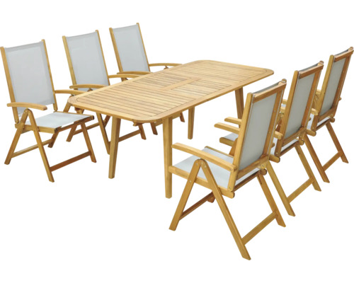 Gartenmöbelset GARDEN PLACE Linda 6-Sitzer 7 tlg. braun mit ausziehbarem Tisch aus robuster Akazie, Gartenstühle aus Akazie und Textilgewebe Gartentischgruppe mit sechs Armlehnstühlen