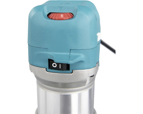 Detailansicht einer Oberfräse mit Geschwindigkeitsregler und Ein-Ausschalter.