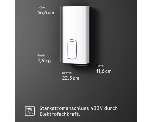 Elektrischer Warmwasserspeicher mit den Maßen 46,6 cm Höhe, 2,9 kg Gewicht, 22,5 cm Breite und 11,6 cm Tiefe.