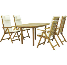 Gartentischset mit ovalem Tisch und vier Stühlen mit Armlehnen und Polsterauflagen