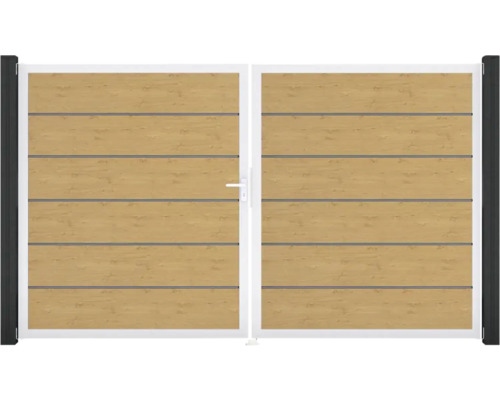 Doppelflügeltor mit horizontalen Holzelementen und Metallrahmen